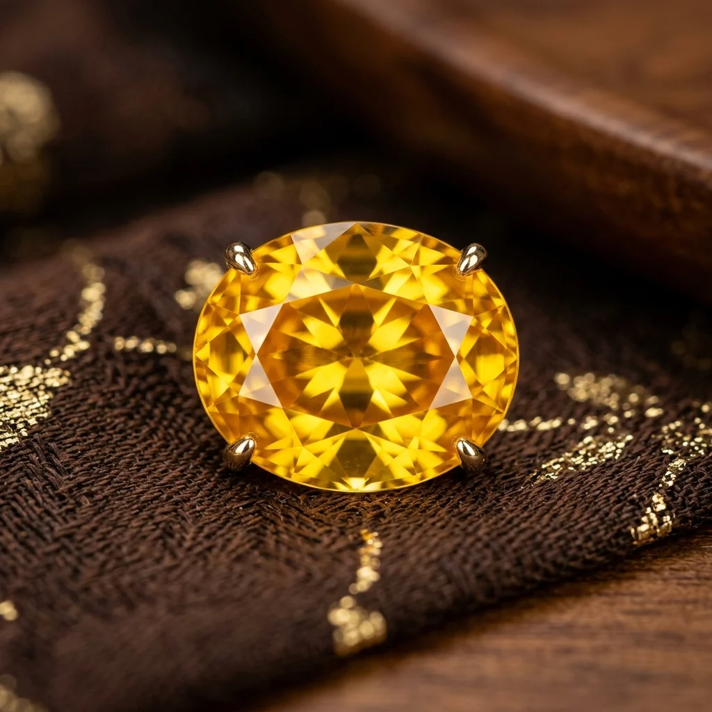Natural unheated yellow sapphire showing symmetric cuts and fire refraction
